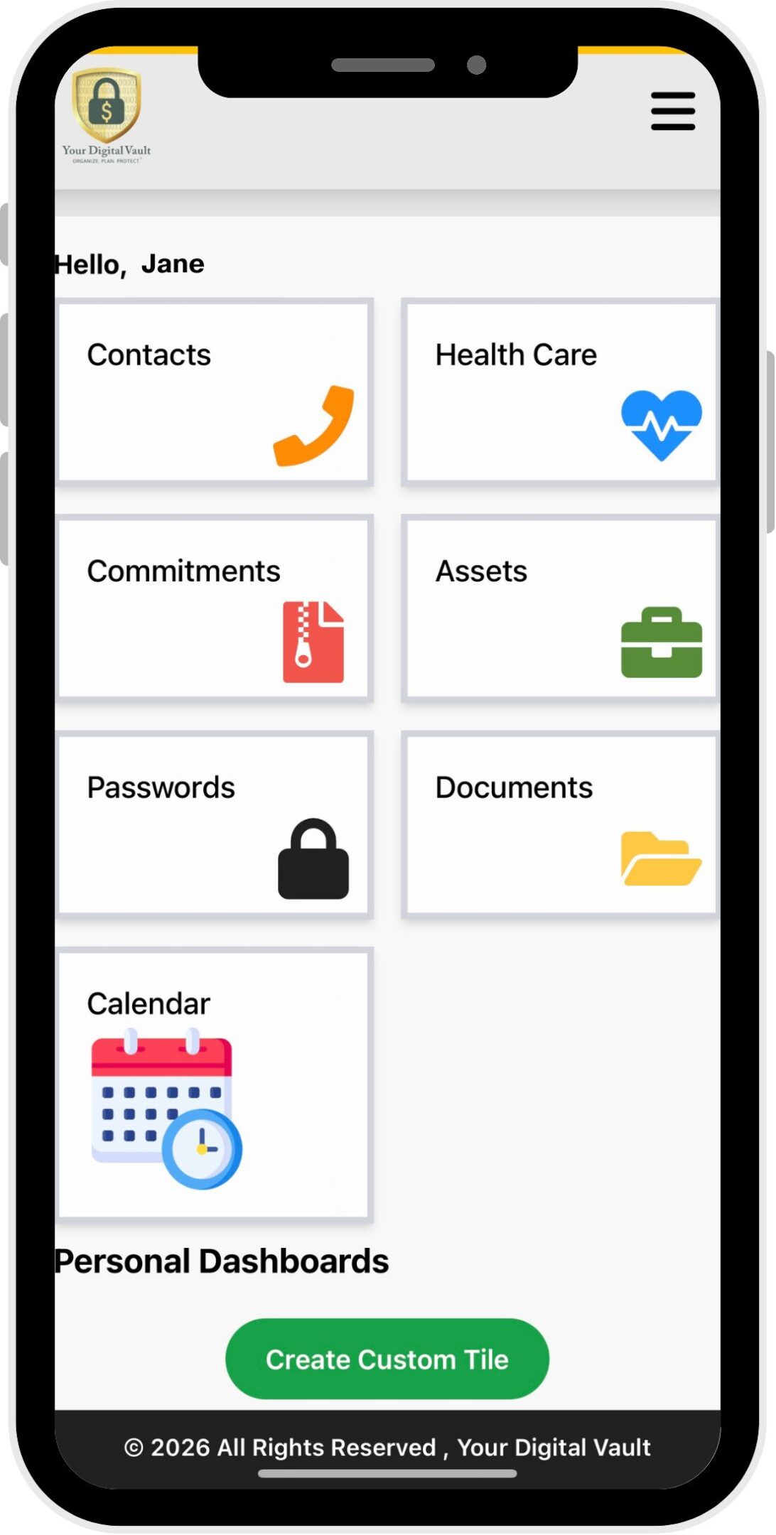 Image of a cell phone with the Your Digital Vault main dashboard on the screen.