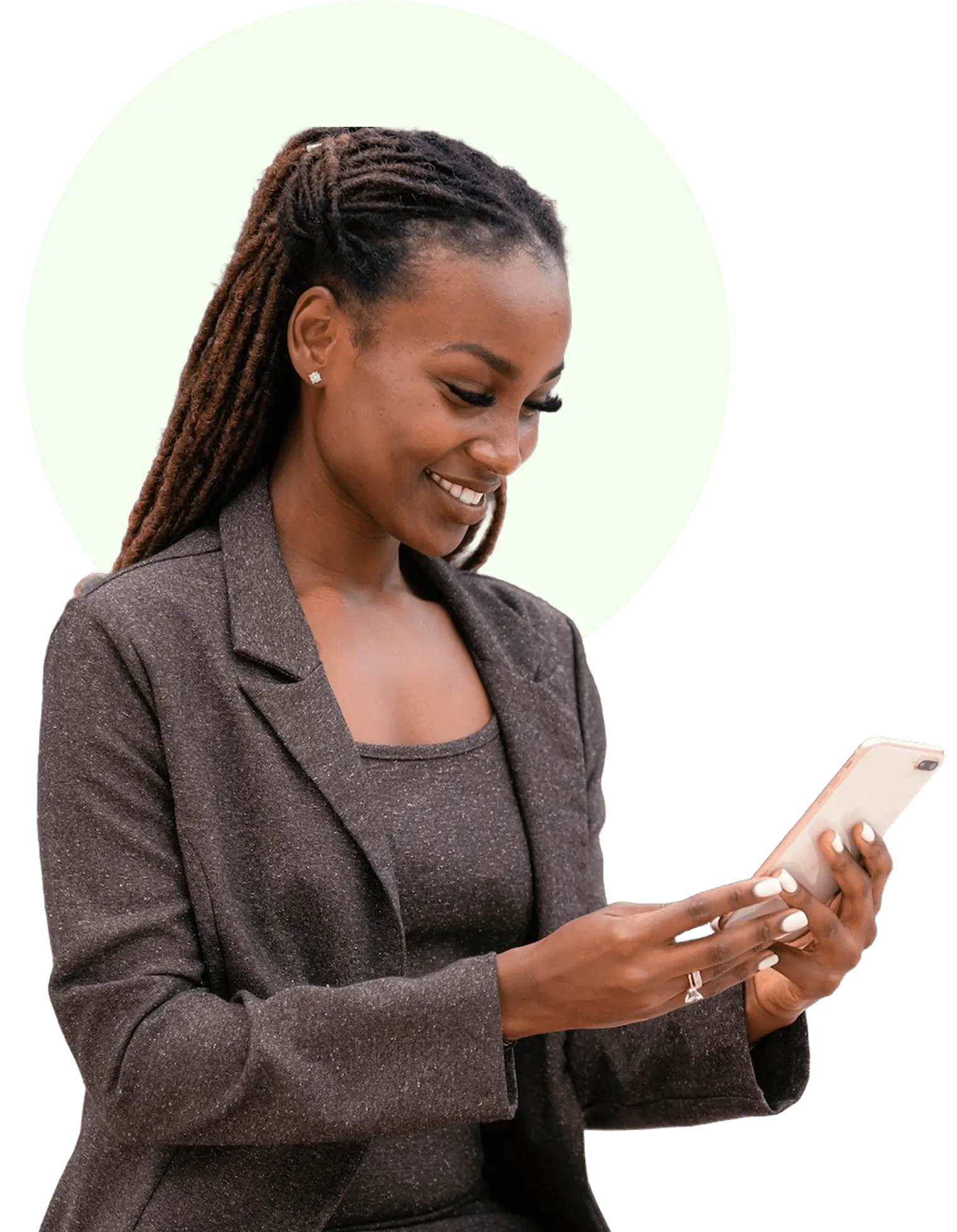 Woman smiling while using smartphone, circular background.
