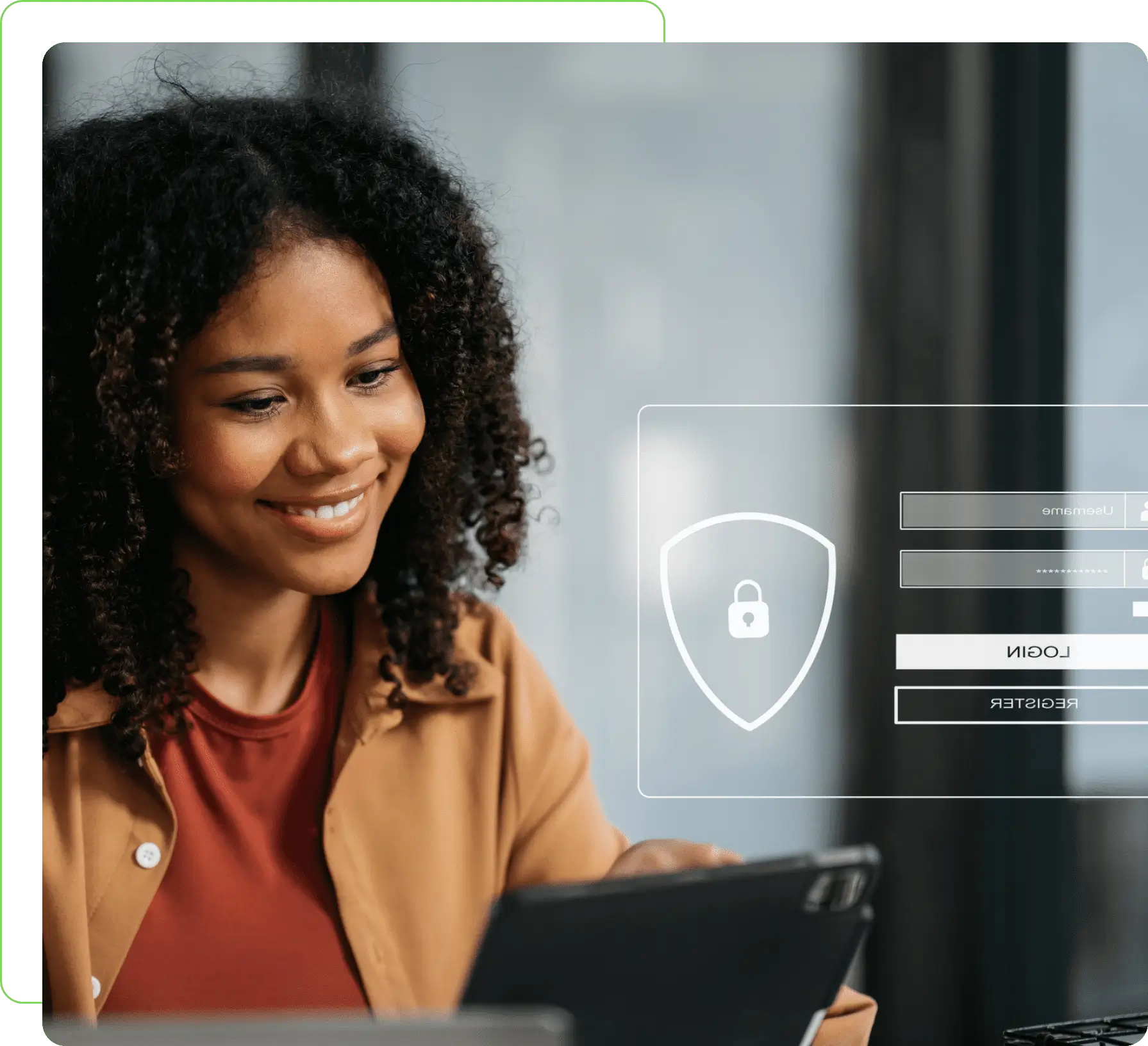 Smiling woman using tablet with security overlay.