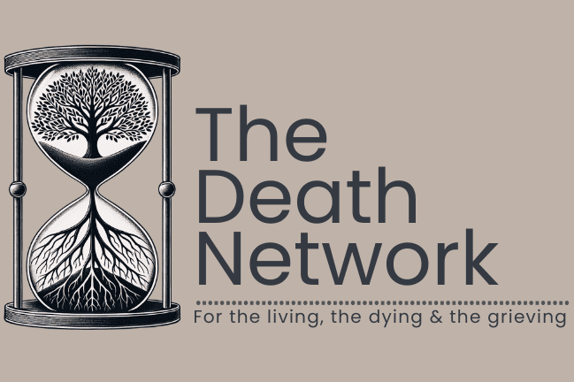 Logo for The Death Network, featuring an hourglass with a tree inside, and the tagline "For the living, the dying & the grieving".